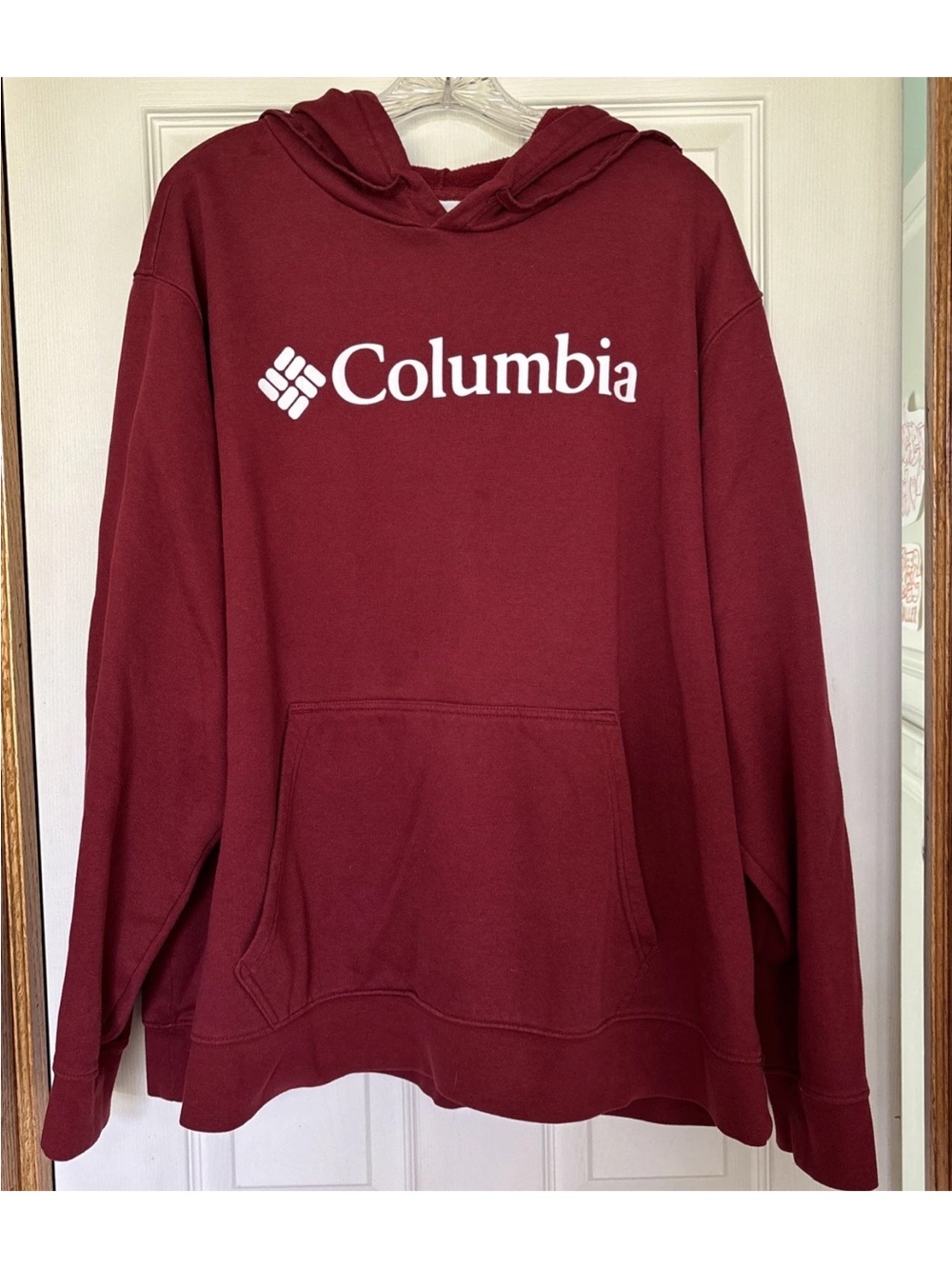 Columbia Red Maroon Cotton Poly Pullover Hoodie Logo Pockets Long Sleeve
